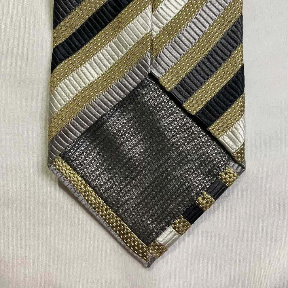 #7362 Valerio Garatu gold black cream striped silk necktie tie  4X60 IN
